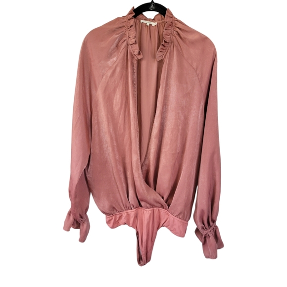 Tularosa Revolve L Ashley Shimmer Plunge Bodysuit Pink Wrap Long Sleeve Sexy - Picture 2 of 16